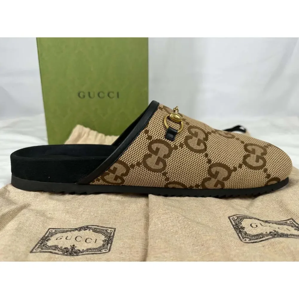 Gucci GG Supreme Maxi Horsebit Mules Canvas Slippers US 13.5 SPB-TS 371578